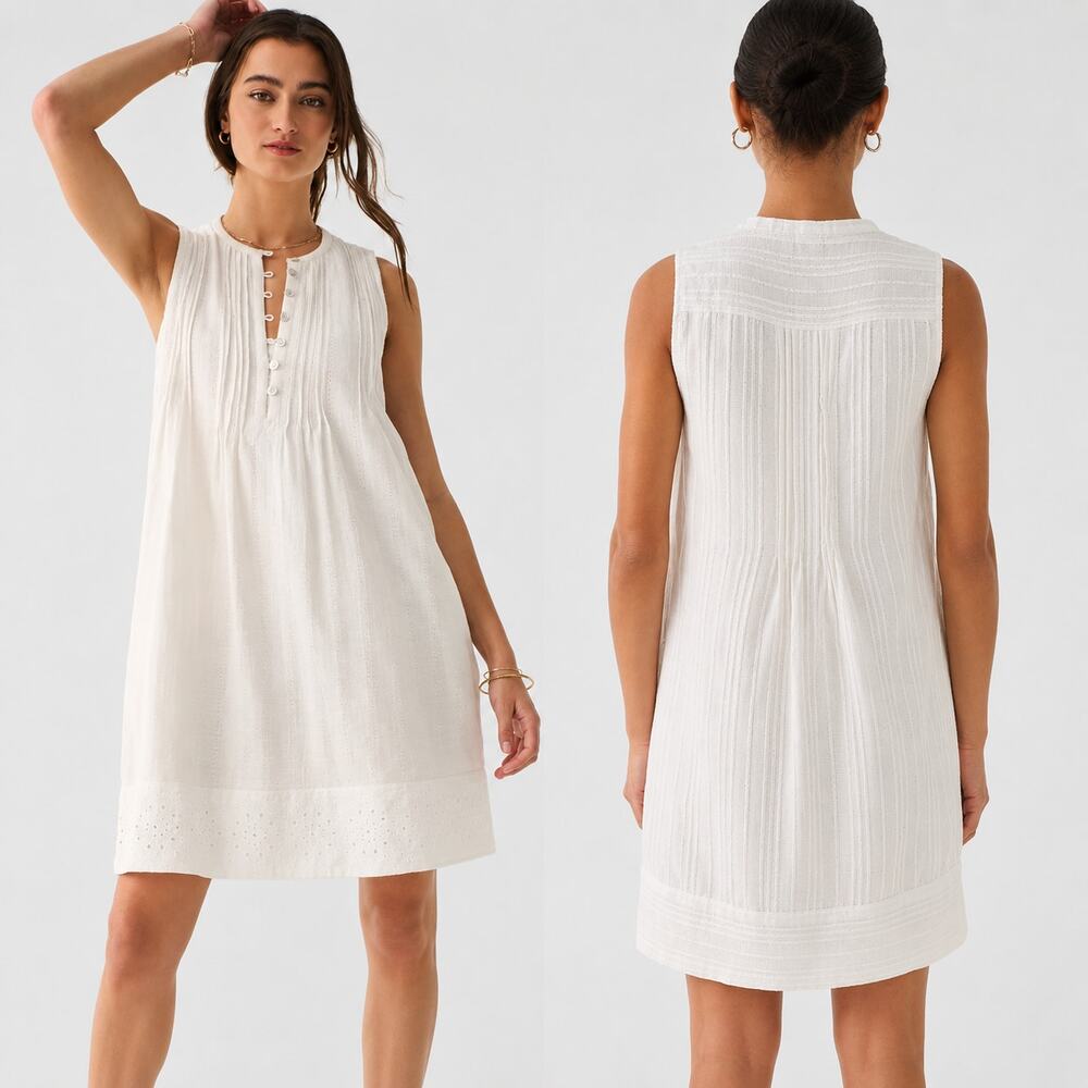 Faherty Isha Mini Dress Button Front Pleated Pintuck Sleeveless Boho Cottagecore - Picture 2 of 14